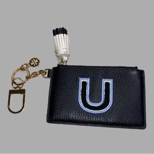 Tory Burch navy leather Monogram Card case key fob “U” bag purse
